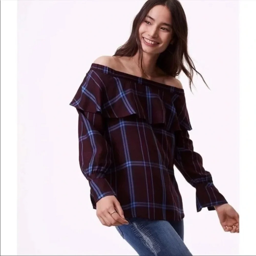 Purple plaid ruffle off shoulder blouse XSP plum y2k‎ academia minimal chic
